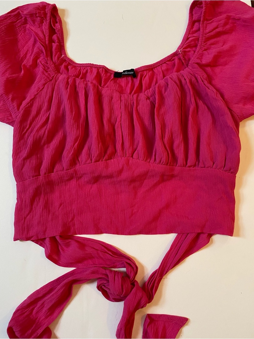 Fuchsia Puff Sleeve Tie Front Crop Top M Boho Festival Blouse